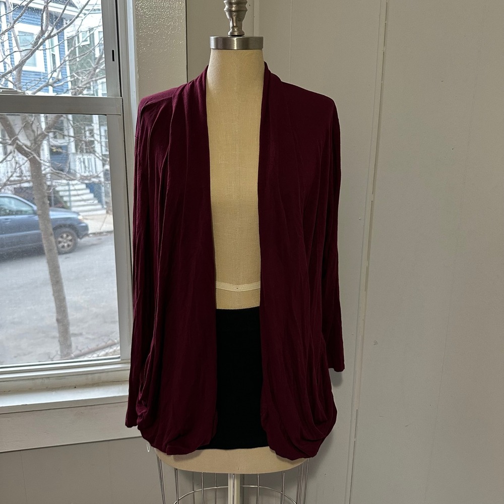 Maurices Womens Burgundy Open Front Cardigan Size 2 Long Sleeve Rayon Blend Wine